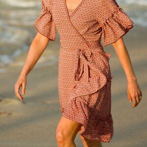 Max Studio Red and White Ruffle Wrap Dress Size XS